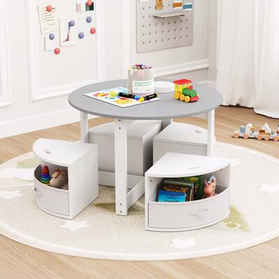 5 PCS Kids Table & Chairs Wooden Round Desk w/4 Storage Stools Set