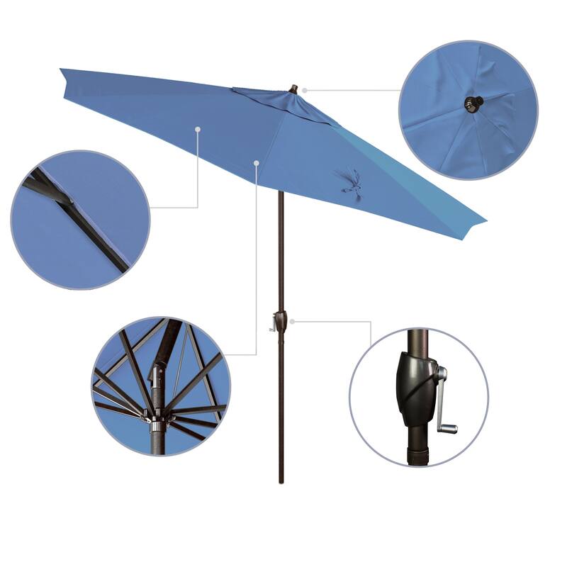 California Umbrella 9' Round Crank Lift Auto Tilt 8 Rib Aluminum Patio Umbrella, Bronze Finish, Pacifica Pacific Blue Fabric