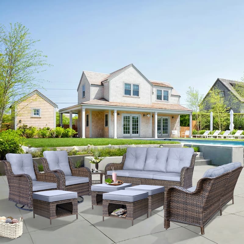 9 Piece Outdoor Wicker Patio Conversation Swivel Chairs Furniture Sets