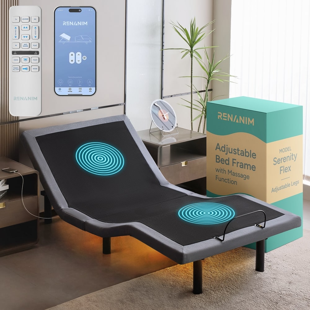 Renanim SF Adjustable Bed Frame, Dual Massage, USB, Underbed Light, App Control, Head and Foot Incline, Reclining Base