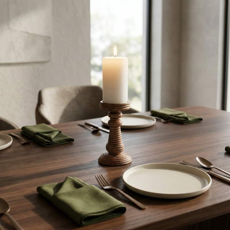 Candle Holder - Brown Mango Wood Ribbed Pillar