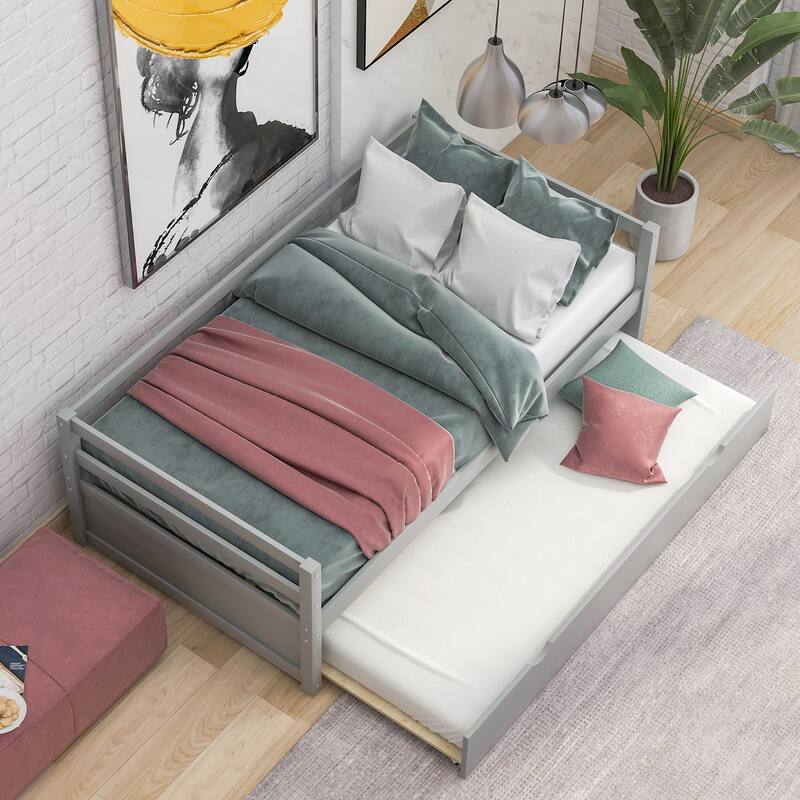 Twin Size Gray Daybed with Trundle Frame Set, No Box Spring Needed