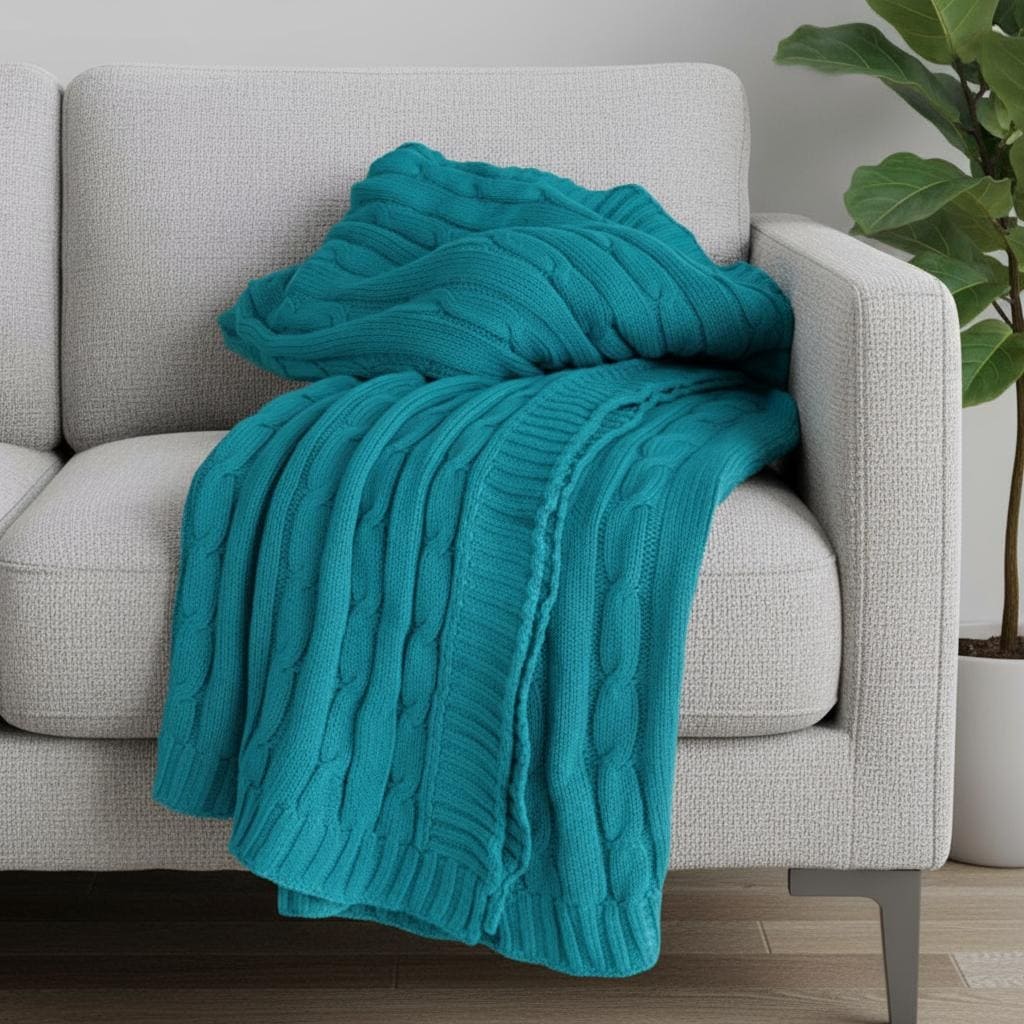 HomeRoots 50" X 60" Teal Blue Cotton Cable Knitted Striped Throw Blanket