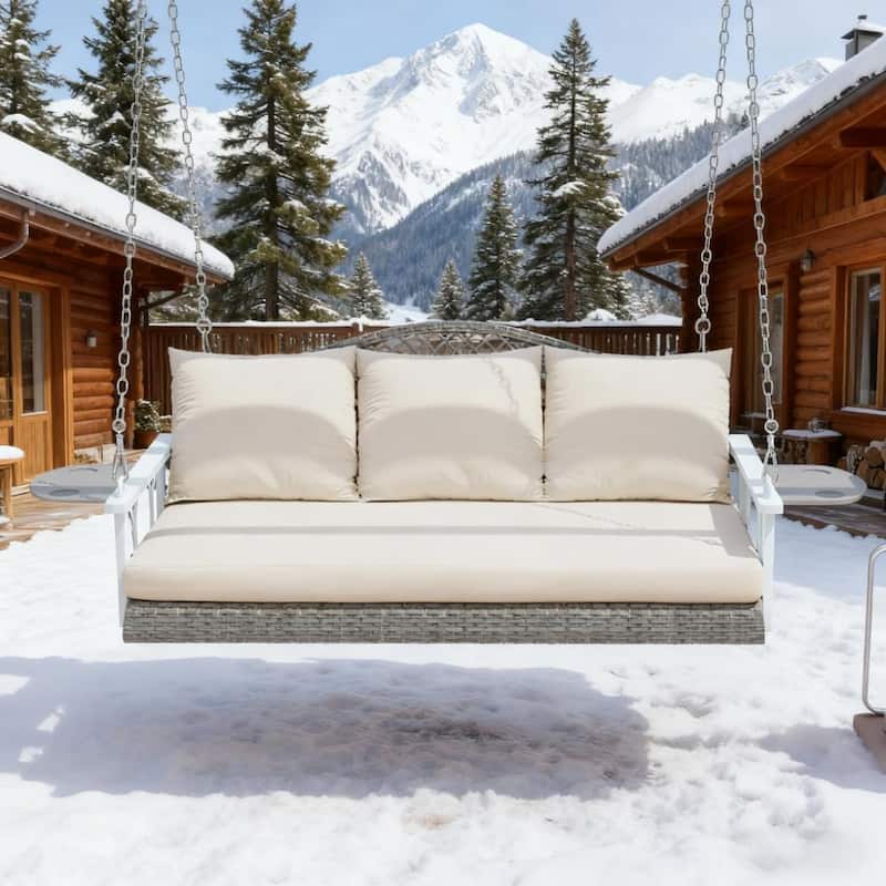 GDFStudio - Theodore Three-Person Hanging Porch Swing with Woven Frame and Comfort-Focused Design - Swing Bench - Natural - Swing Bench