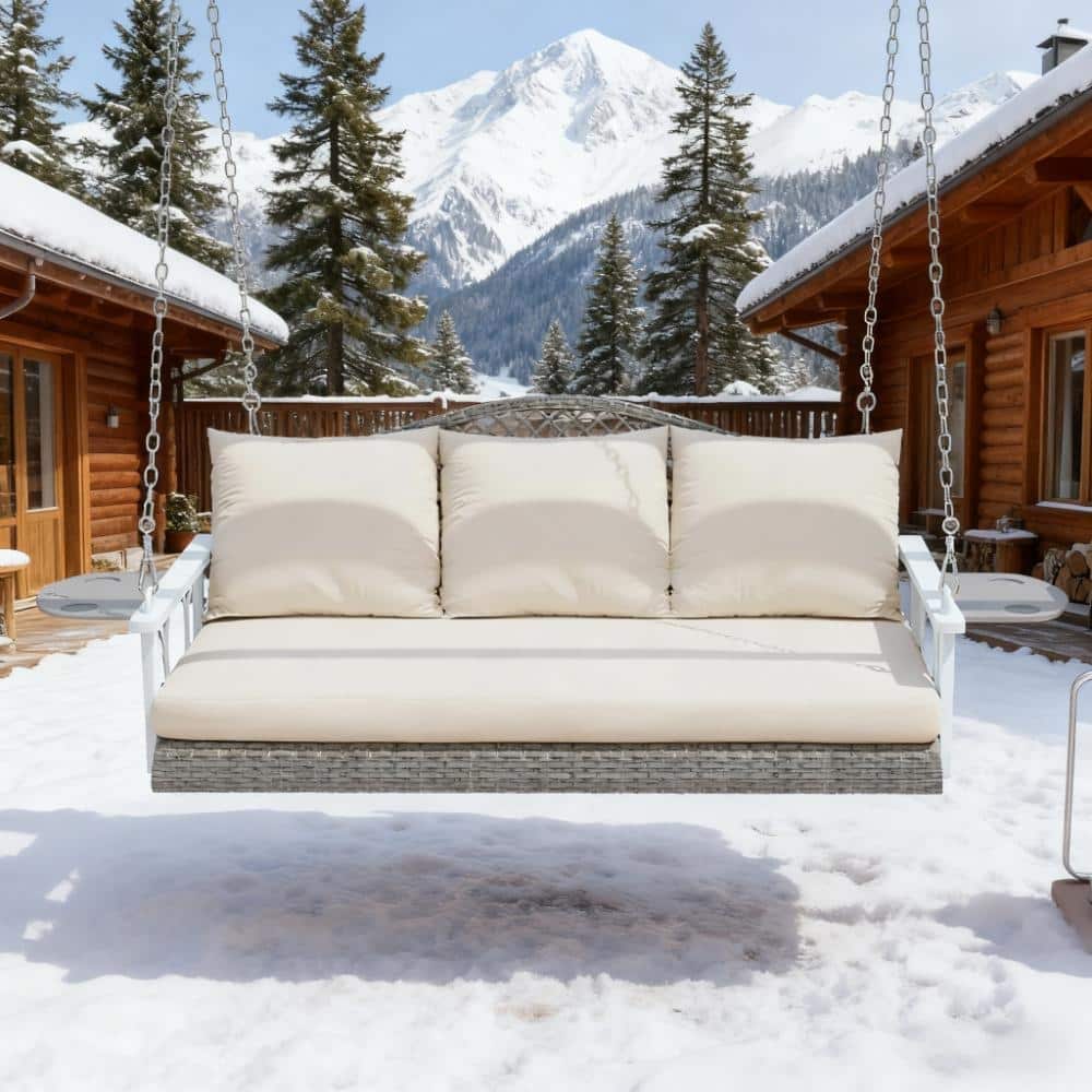 GDFStudio - Theodore Three-Person Hanging Porch Swing with Woven Frame and Comfort-Focused Design - Swing Bench