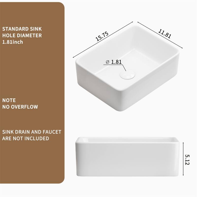 16"X12"Rectangular Bathroom Vessel Sink,Ceramic Lavatory Above Counter