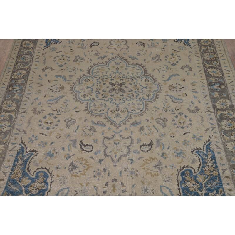 Traditional Floral Tabriz Persian Area Rug Handmade Beige Wool Carpet - 7'0"x 10'4"