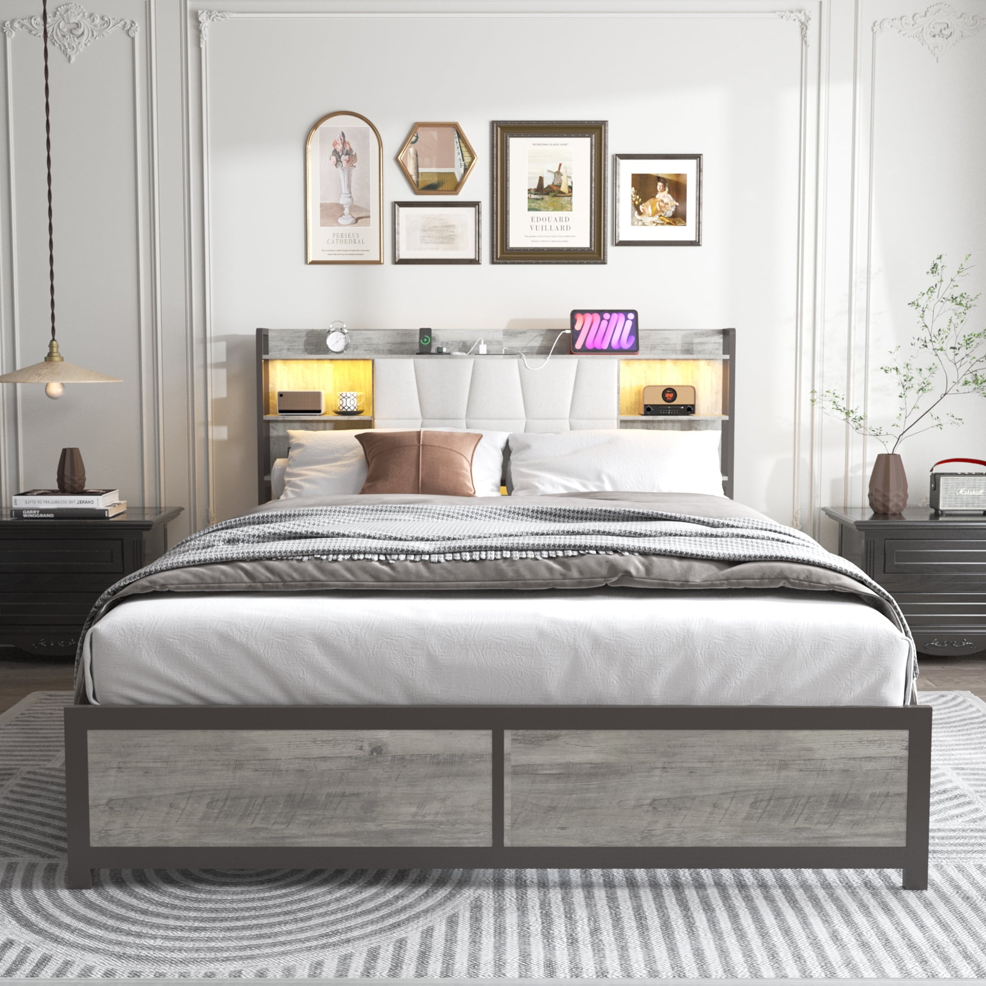Platform Bed Frame with Upholstered Headboard and Storage, LED Light & Sturdy Metal Slats Support