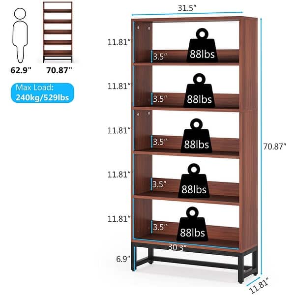 dimension image slide 0 of 3, 5-Shelf Wood Bookcase Freestanding Display Bookshelf for Home Office - 31.5” L * 11.81” W * 70.87” H