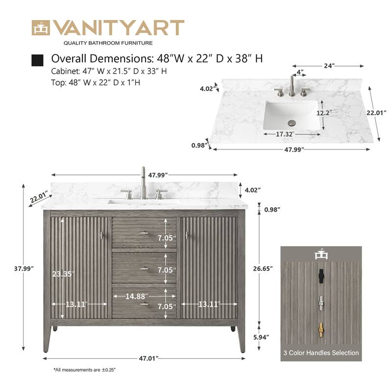 Vanity Art 48" Single Sink Bathroom Vanity Cabinet with Engineered Marble Countertop