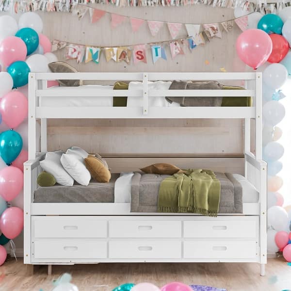 slide 2 of 19, Twin Over Full Bunk Bed With Twin size Trundle And Drawers