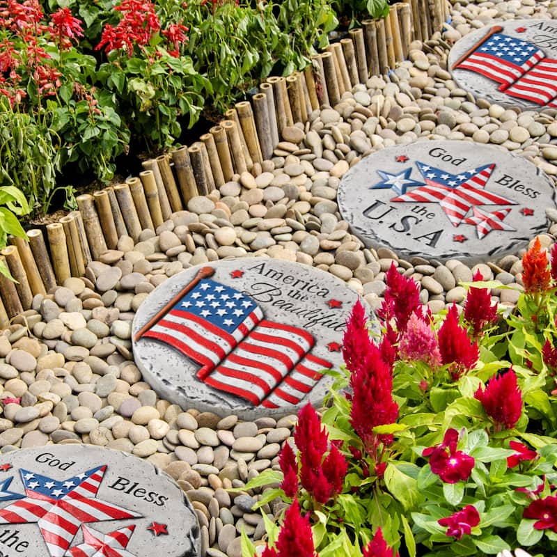 Glitzhome 2-Piece 10"D Patriotic/Americana Cement Flag and Stars Stepping Stone