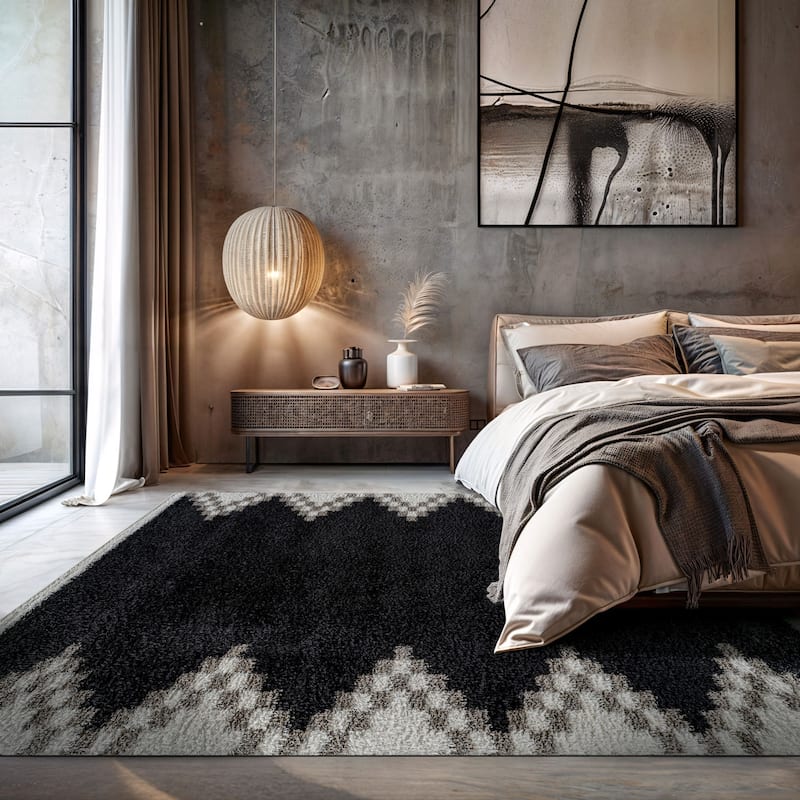 Geometric Shag Rug - Soft & Stylish - Anthracite Dark Gray - Medium Pile, Easy to Clean