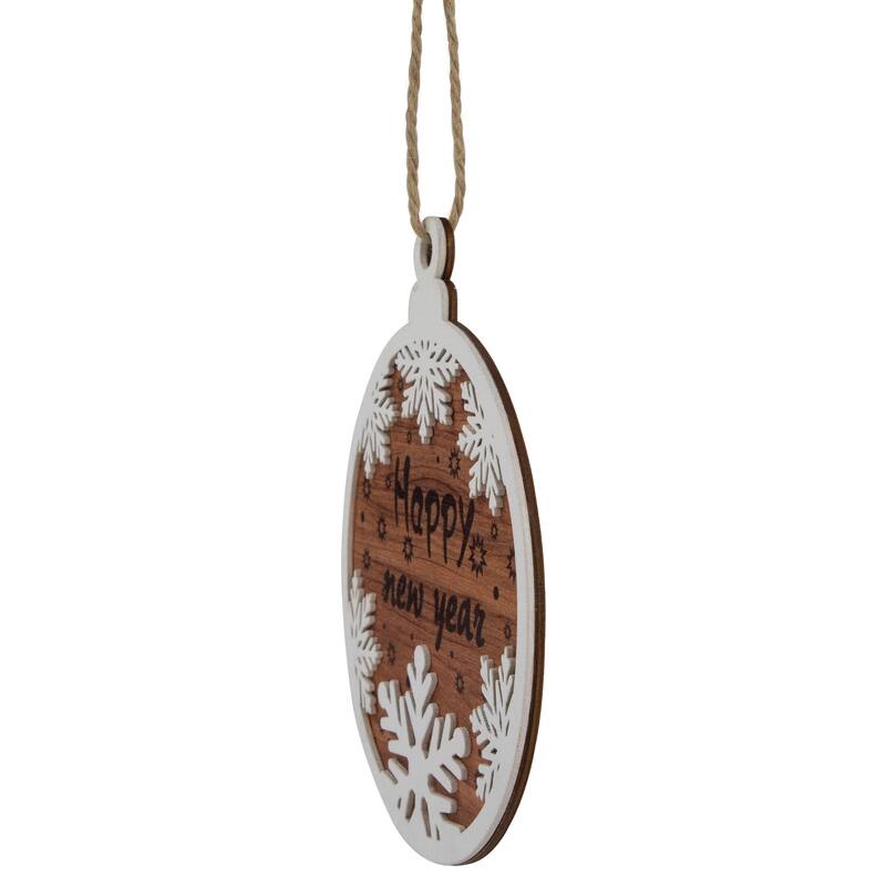 7" Rustic "Happy New Year" Snowflake Wooden Christmas Ornament Disc