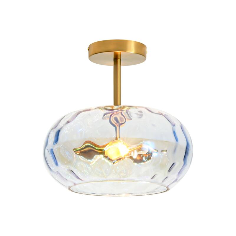 11.8" 2-Light Luxury Gold Semi-Flush Mount Ceiling Light with Hammered Glass Shade for Hallway, Bedroom