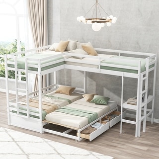 White Twin Over Twin King Size L-shaped Bunk Bed With Built-in Desk   2 