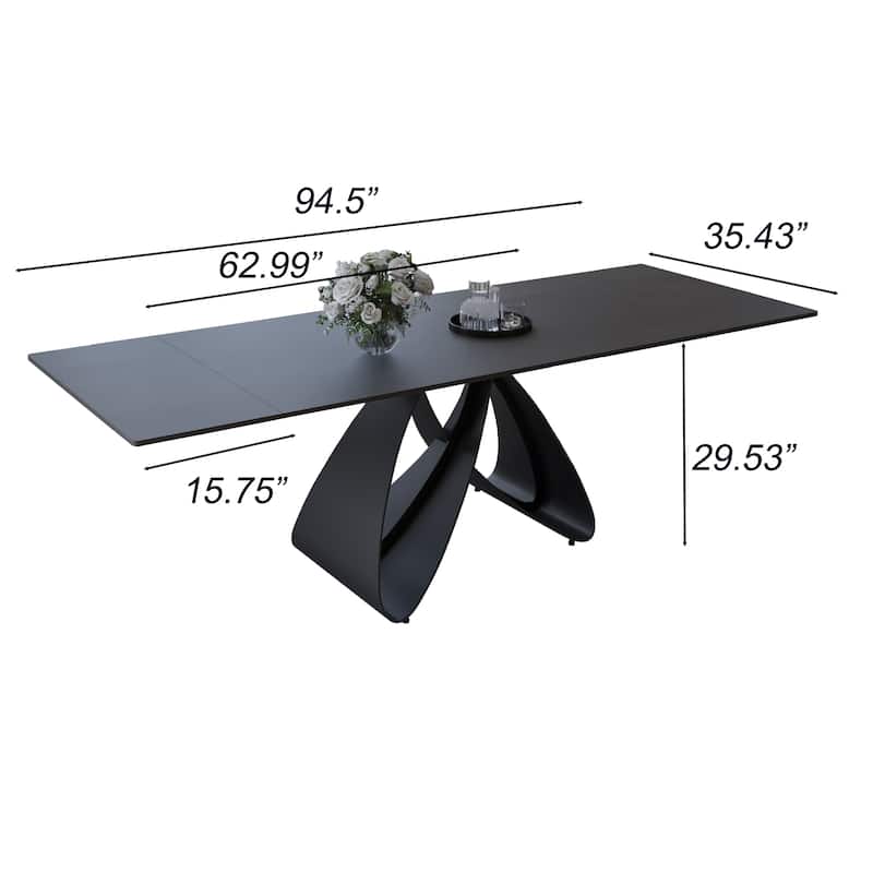 63"-94"Modern Extendable Dining Table for 6-10, Matte Black Kitchen Table with Black Carbon Steel Legs