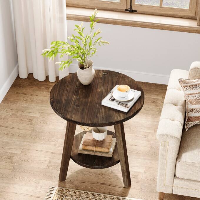 2-Tier Solid Wood Side Table, Circular End Table, Rustic Bedside Table