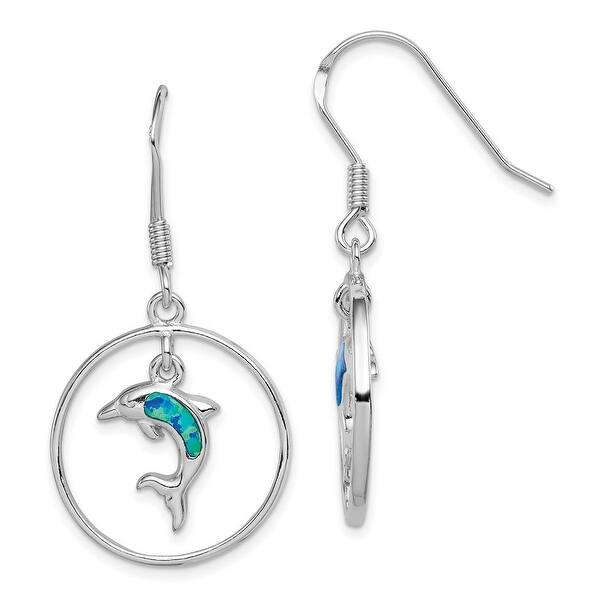 Sterling Silver Circle With Blue Opal Dolphin Dangle Earrings Sterling Silver Circle With Blue Opal Dolphin Dangle Earrings