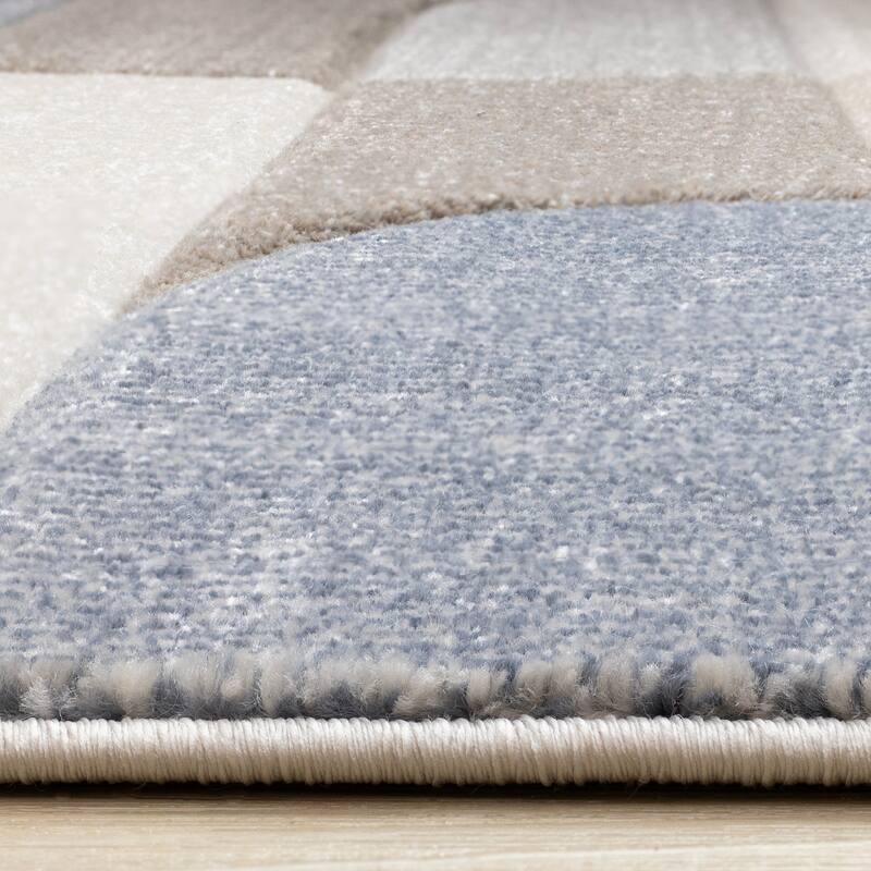 Fabio Collection - Rounded Modern Geometric Blue Grey Area Rug