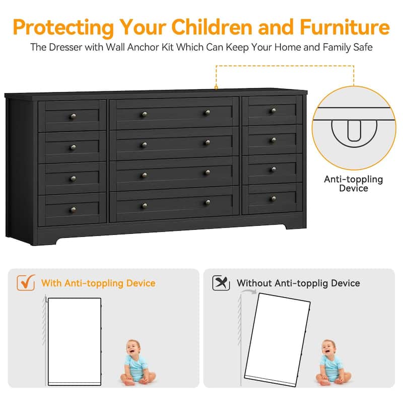 12 Drawer Dresser for Bedroom, Modern Wood Chest with Wide Top for 65" TV, Farmhouse Storage Cabinet