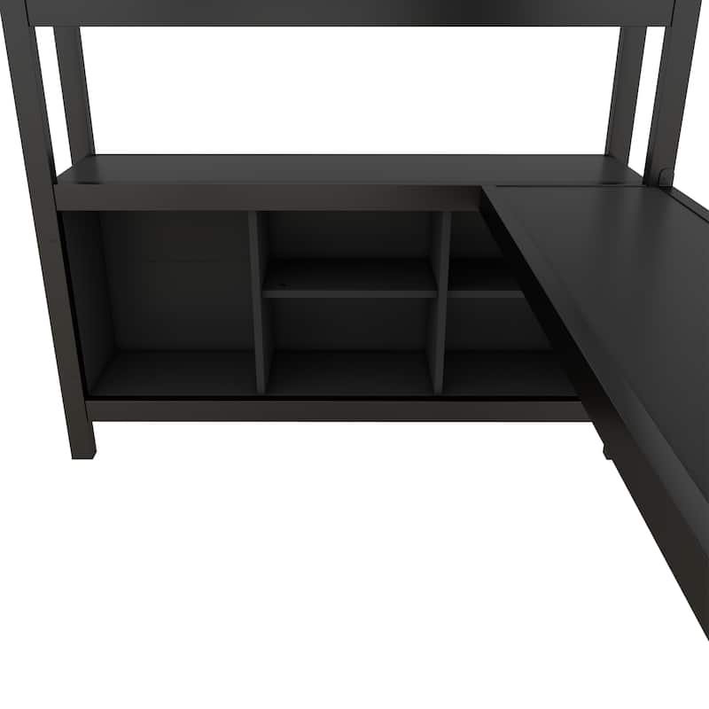Full Size Metal Loft Bed with Wardrobe, L-shaped Desk, and Storage Shelves for Kids, Teens, and Adults, Black