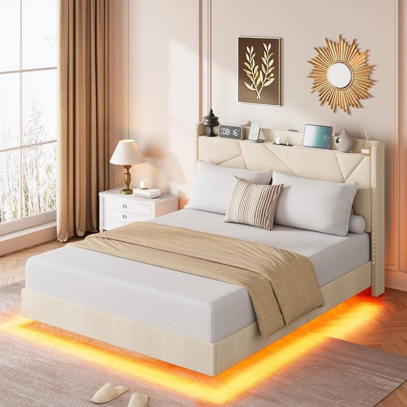 Full/Queen Floating Bed Frame with LED Lights & Charging Station, Upholstered Platform Beds with Storage Headboard - Beige - Queen