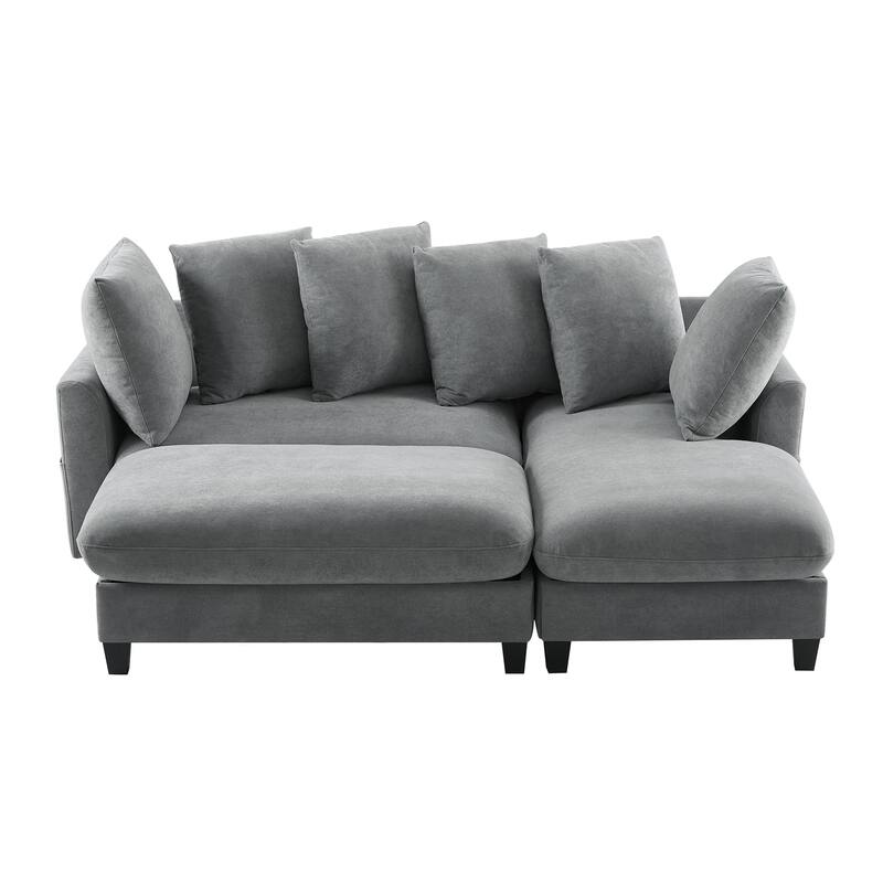 Chenille Sectional Sofa L-shaped Sofa with Movable Ottoman, Upholstered Sectional Sofa with 6 Throw Pillows, Bottom storage