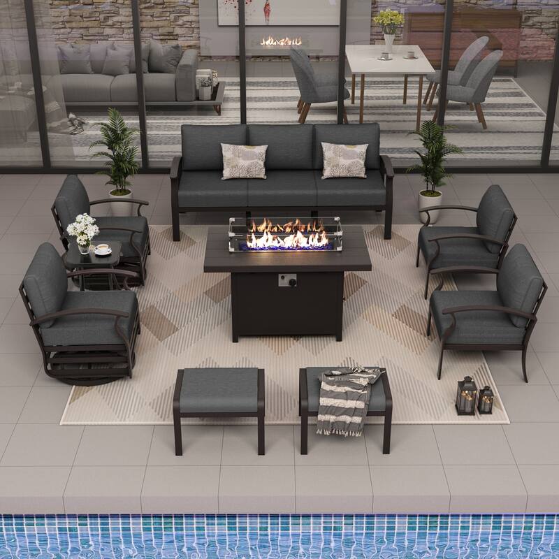 Aluminum Patio Furniture Set with Fire Pit, Ottomans & Rocking-Swivel Chairs, Modular Sofa with Thick Cushions