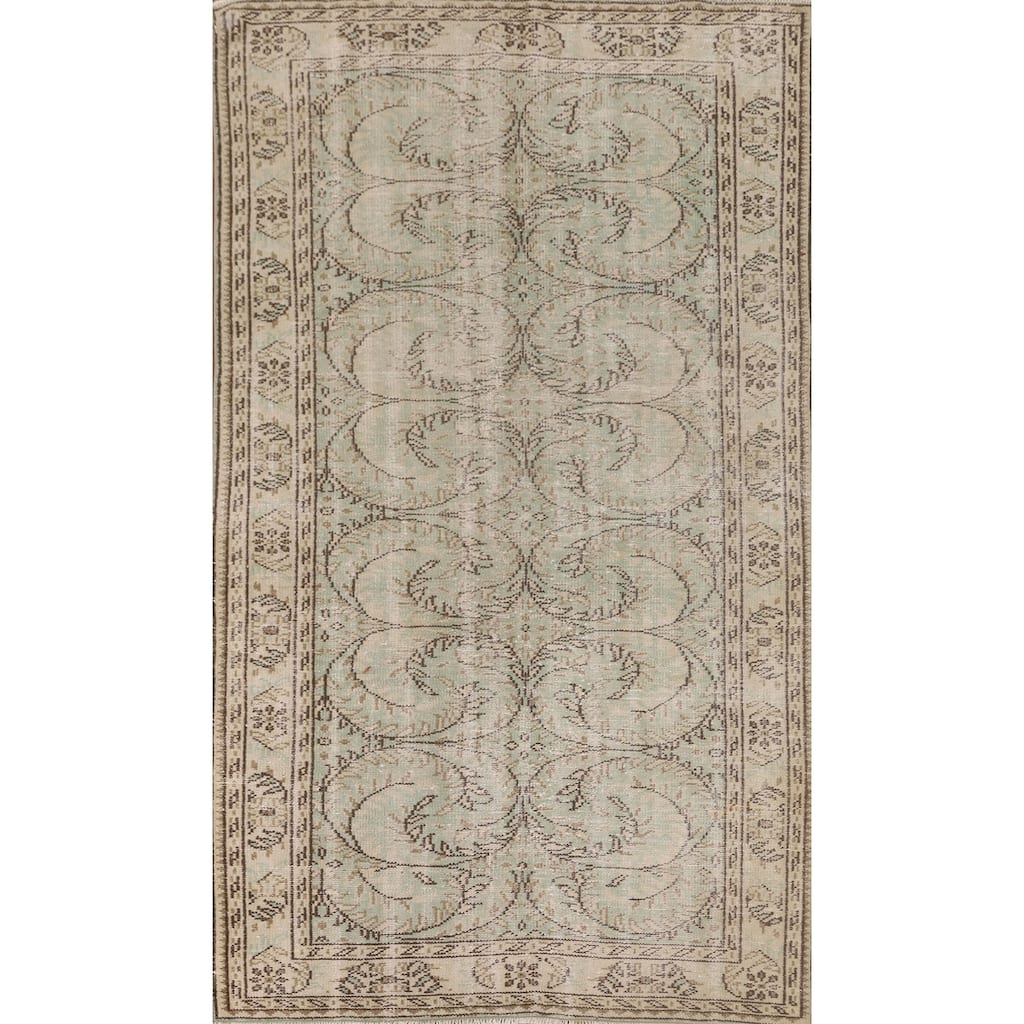 Distressed Green Sparta Turkish Vintage Rug Hand-Knotted Wool Carpet - 5'3"x 8'11"