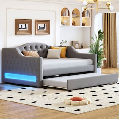 Full XL Size Upholstered Daybed with LED Belt and Trundle
