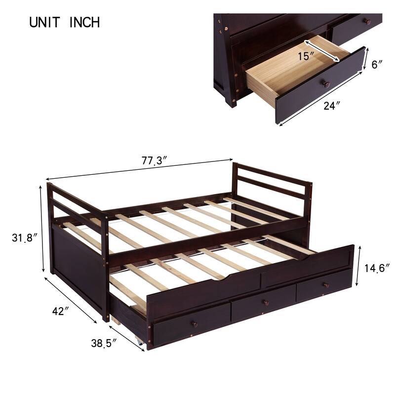 Twin Bed with Pull-Out Trundle, Three Storage Drawers, Pine Wood Frame, Headboard & Footboard