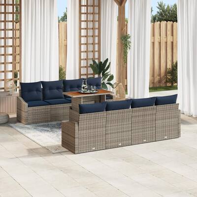 vidaXL 9 Garden Sofa Set with Cushions Black/Grey Poly Rattan - 91.7 x 24.4 x 27.2