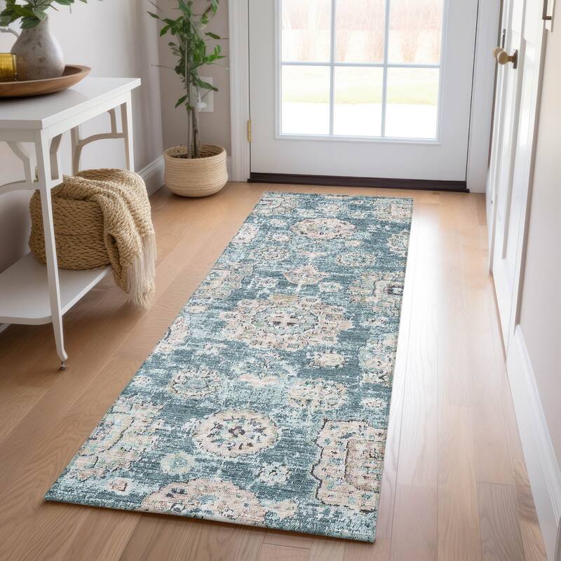 Machine Washable Indoor/ Outdoor Chantille Persian Vintage Rug - Teal - 2'3" x 7'6"