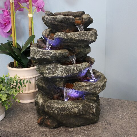 Indoor Home Office Relaxing 6-Tiered Stone Falls Tabletop Water Fountain with LED Lights - 15"