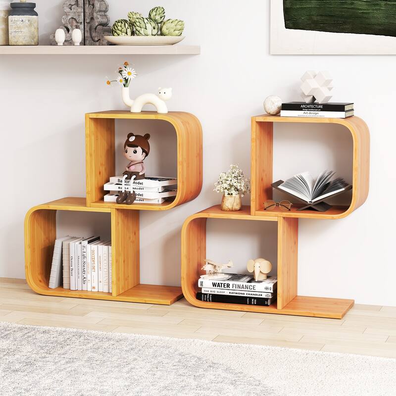 Gymax 2PCS Bamboo Geometric Bookshelf 2-Tier S-Shaped Bookcase w/