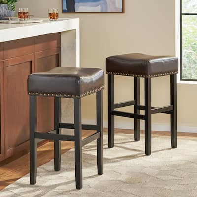 Set of 2 Backless Faux Leather Counter Bar Stools with Nailhead Trim