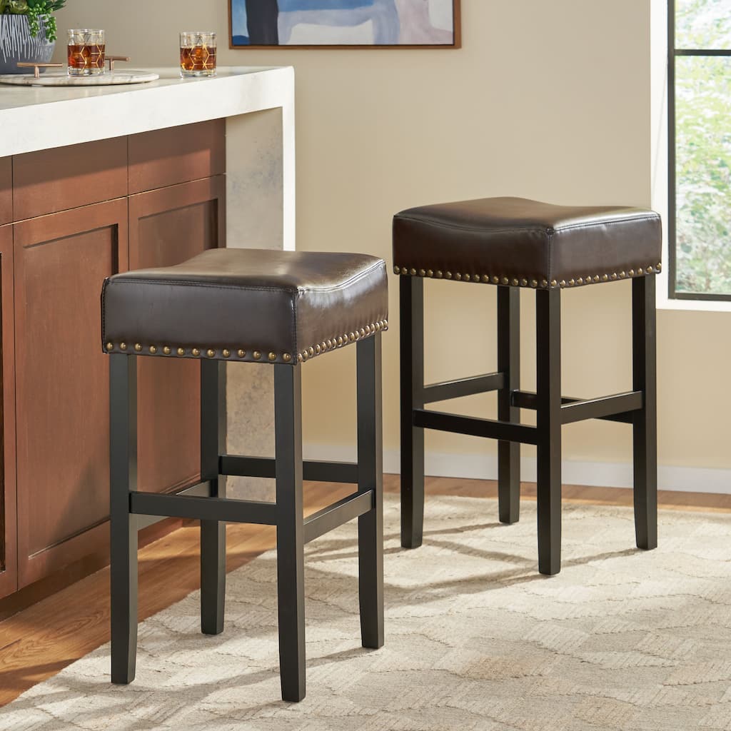 Set of 2 Backless Faux Leather Counter Bar Stools with Nailhead Trim