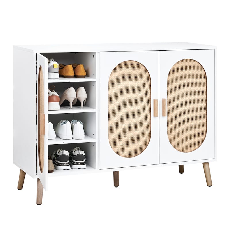 3-Door Shoe Cabinet with White Frame and Oval Rattan Surface Perfect for Home Entry Storage - 44.49"L × 15.75"W × 32.87"H