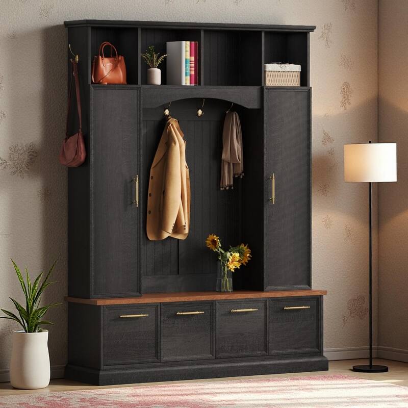 Luxury 4-in-1 Farmhouse Hall Tree by Harper&Bright Designs - Black