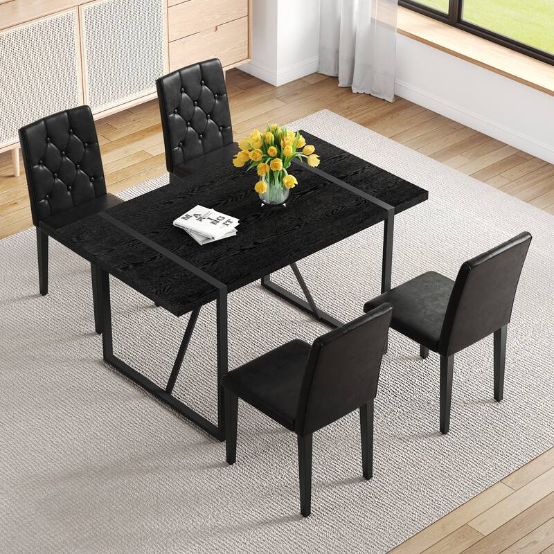 5-Piece Minimalist Retro Dining Table Set, Textured MDF Table & 4 Ergonomic PU Chairs, Fashion Design - Black