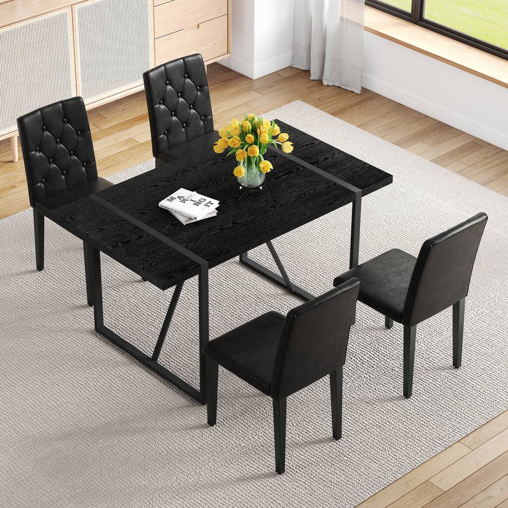 5-Piece Minimalist Retro Dining Table Set, Textured MDF Table & 4 Ergonomic PU Chairs, Fashion Design