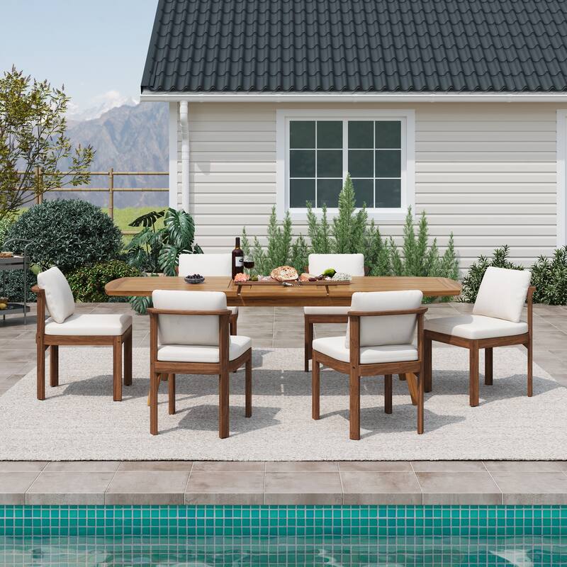 Christopher Knight Home - 7-Piece Outdoor Acacia Wood Dining Set with Sculpted Back Chairs & 71" Expandable Dining Table - Brown Finish+Beige