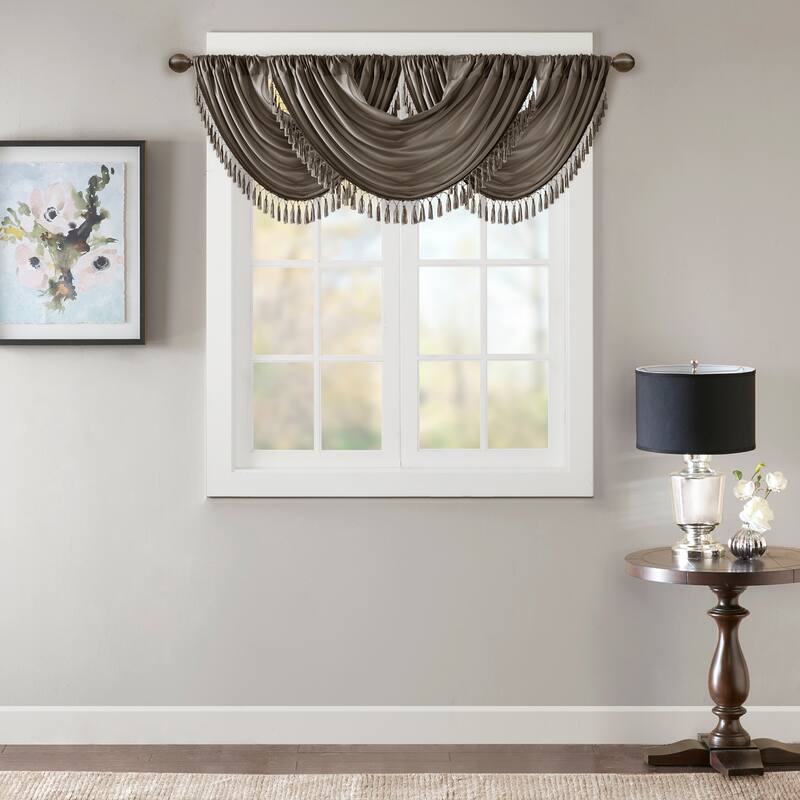 Madison Park Juline Faux Silk Waterfall Embellished Valance - 38 x 46" - Pewter