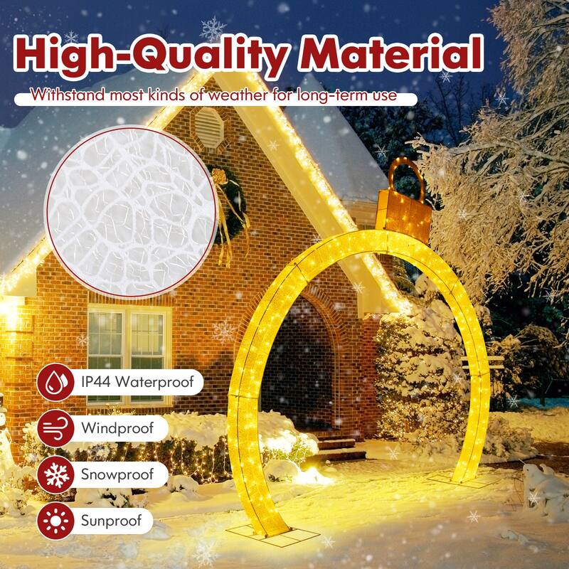 10.5 Feet Christmas Pre-Lit Arch with Gold Ornament Cap and 300 Warm White LED Lights - Warm White - 10.5 x 2 x 10.5 ft