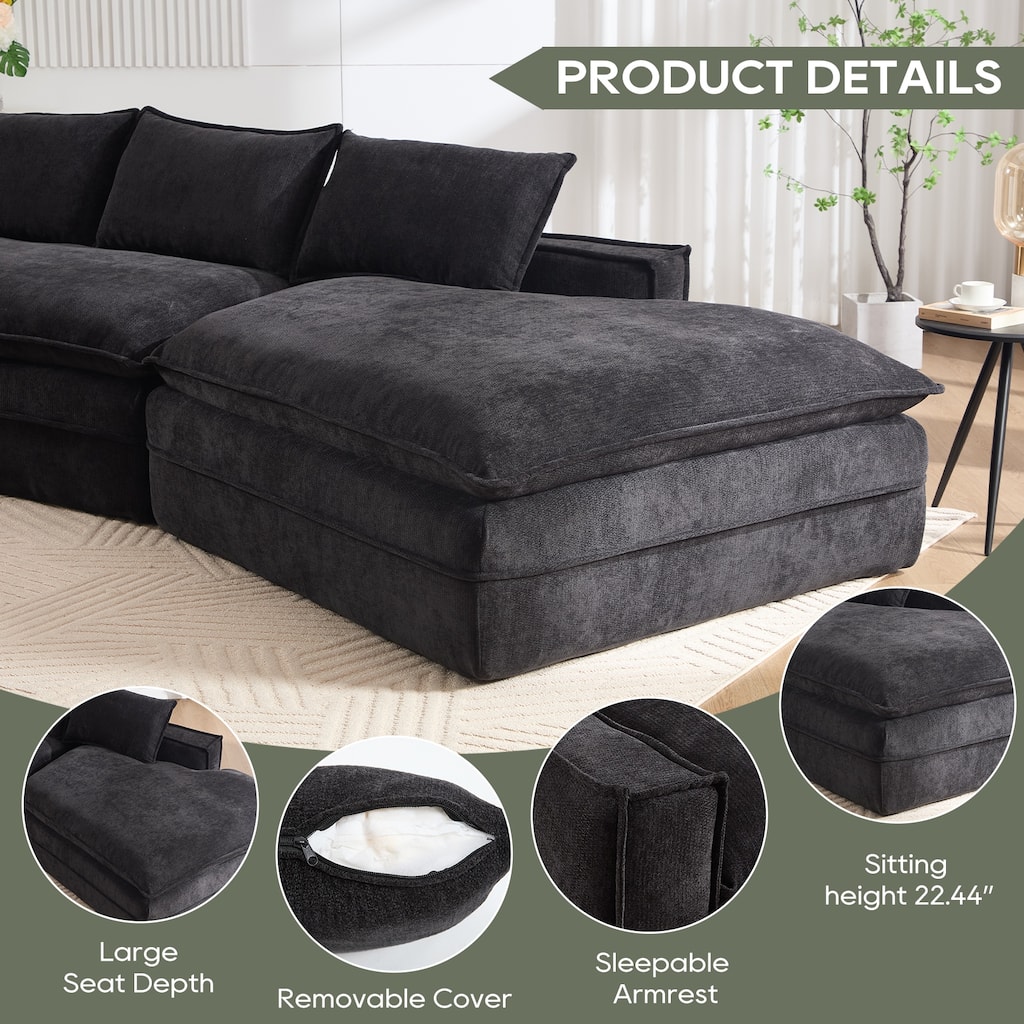 Modular Deep Seat Sectional Sofa with Chaise Lounge, Fabric Upholstered Cloud Boneless Couch, High-Density Sponge Floor Sofa