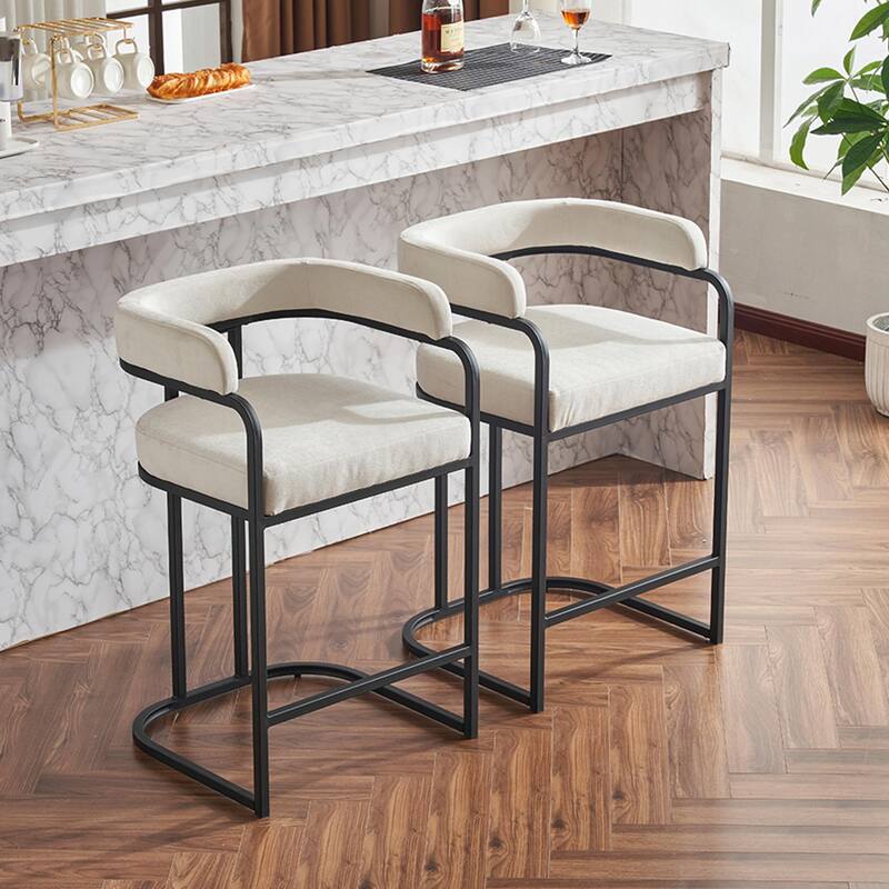 Modern Chenille Bar Stools Set of 2, Upholstered Counter Height Chairs - White