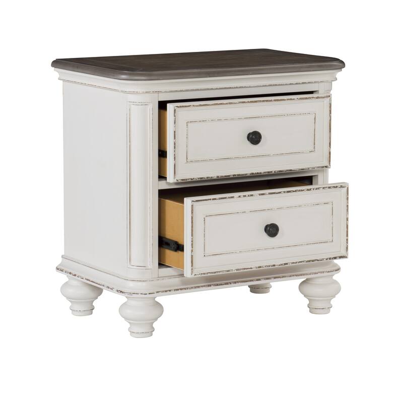 2 Drawer Wooden Nightstand with Acrylic Bar Pulls and Mirror Trim, White