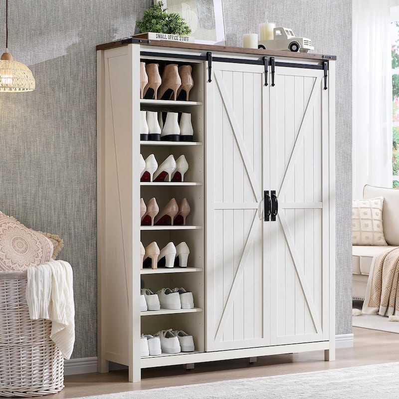 Farmhouse Shoe Storage Cabinet, 7-Tier Shoe Organizer, Shoe Rack - Antique White