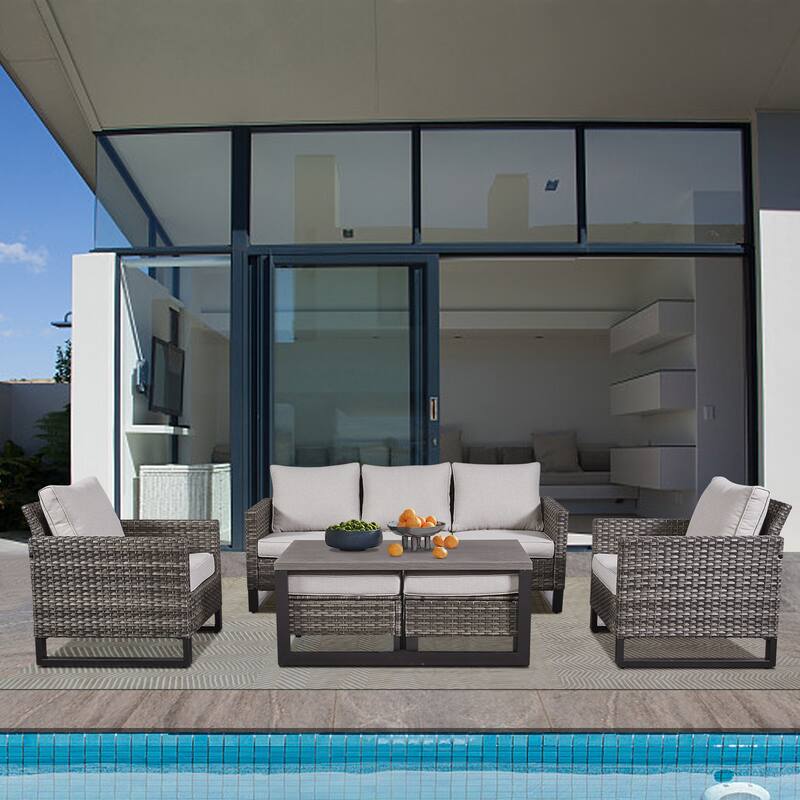 6 Piece Outdoor Sofa with Chair with Ottoman Set - Grey/Beige